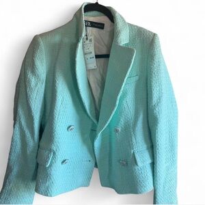 Zara Women's Light Green Double-Breasted Blazer